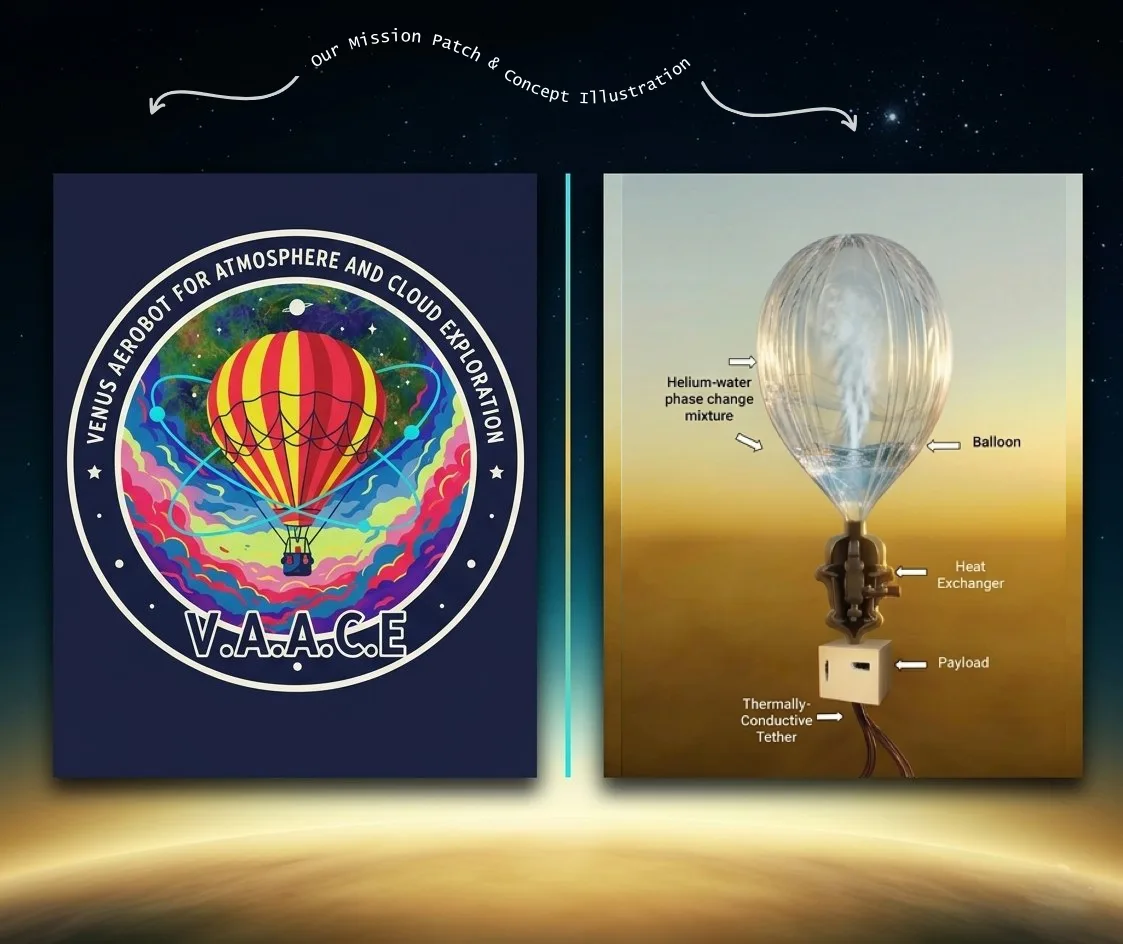 The VAACE mission patch next to a labeled concept illustration of the balloon, heat exchanger, and payload